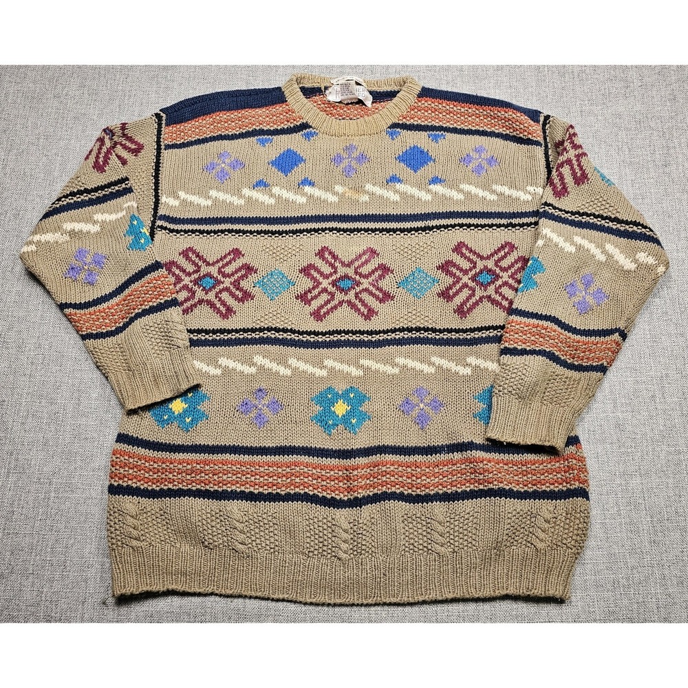Heather & Tweed Sweater Mens Medium Beige Knit Geometric Pattern Pullover 90s